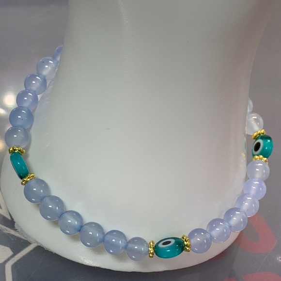 CHALCEDONY + EVIL EYE NATURAL BRACELET size 7” - Picture 3 of 4